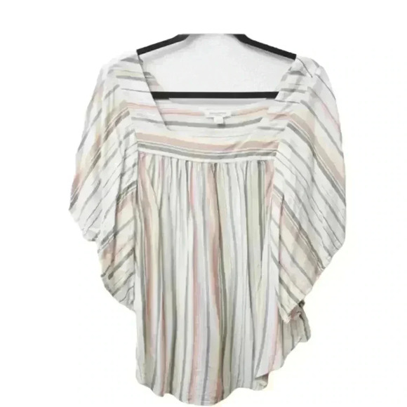 New beachlunchlounge Linen Blend Cream Stripe Boatneck Flutter Sleeve Top Sz XS - Picture 1 of 13